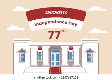 Happy 77th Indonesian Independence Day greeting card with Merdeka Palace. 17 August 1945. Vector illustration.