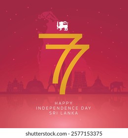 Happy 77th Sri Lanka Independence Day Greeting Card and Post. Independence Day of Sri Lanka with Text and Skyline Vector Illustration