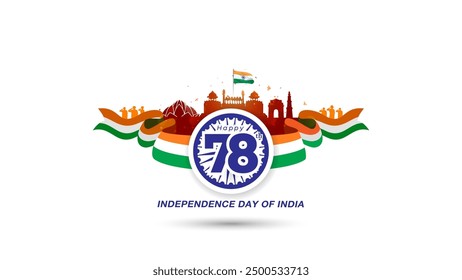 Happy 78th Independence day of India with red fort and indian monuments skyline background.