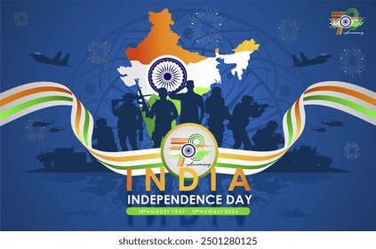 Feliz día de la independencia de la India 78. 15 de agosto de 2024 Diseño de Ilustración vectorial con logotipo 78, ejército de la India e ilustración de mapa. Día de la Independencia de Bharat Ganarajya 2024 Anuncio, antecedentes y Plantilla. 