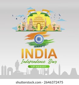 Happy 79 years Anniversary Republic of India Independence Day 15th August 2025 design. Beautiful abstract vector illustration with Indian culture, tricolor flag, monuments and skyline. 