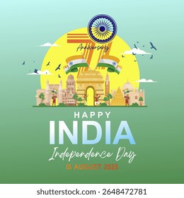 Happy 79 years independence day of India 15 August 2025. 79th logo, indian culture and famous landmarks. Abstract vector illustration design. 
