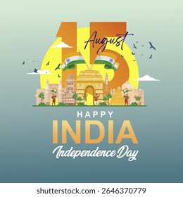 Happy 79 years  India independence day 15th August 2025 greetings. Beautiful abstract vector illustration design with Indian culture and monuments. Republic of India illustration background
