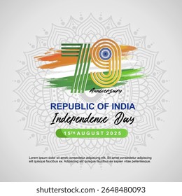 Happy 79th Anniversary India Independence Day. Abstract tricolor flag, 79th logo and Mandala pattern. Best for Bhaarat Svatantrata Divas or India Independence Day celebration greeting. 