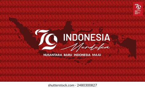 Glücklicher 79. Jahrestag der Republik Indonesien Unabhängigkeitstag Hintergrund mit rot weißem Batik-Muster, indonesische Karte und offiziellen Logo. Dirgahayu 79 RI Hintergrund. HUT RI 79 2024. 