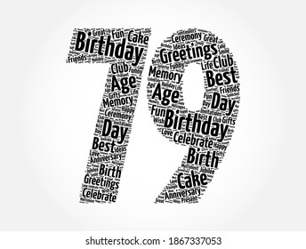 Feliz 79º cumpleaños palabra nube, fondo de concepto de vacaciones