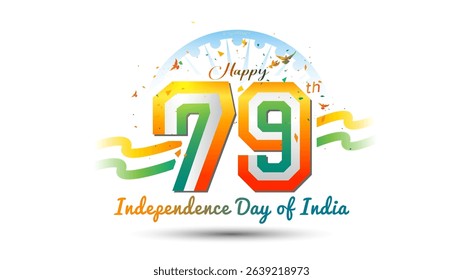 Happy 79th Independence day of India. Freedom celebration with 79 years of Indian glory and tricolor flag background.