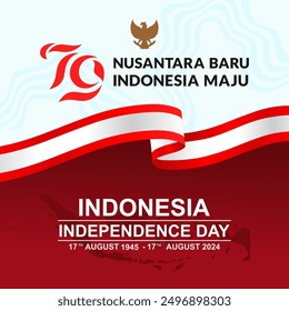 Happy 79th Indonesia independence day 17 August 2024 greeting card, template, background, banner, poster, design. with the logo of the number 79 and the motto Nusantara Baru Indonesia Maju