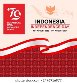 Happy 79th Indonesia Independence Day 17 August 2024 greeting card, template, background, banner, poster, design. with the logo of the number 79 and the motto Nusantara Baru Indonesia Maju