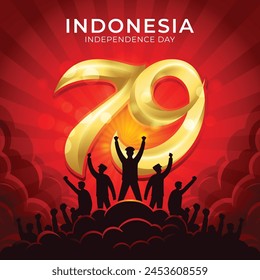 Happy 79th Indonesian Independence Day with golden number 79 and Silhouette of people raising their hands as a sign of victory and joy