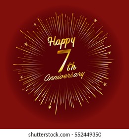Happy 7th Anniversary. with fireworks and star on red background.Greeting card, banner, poster