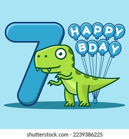 Happy 7th Birthday. Cute invitation card with dinosaur and balloons.