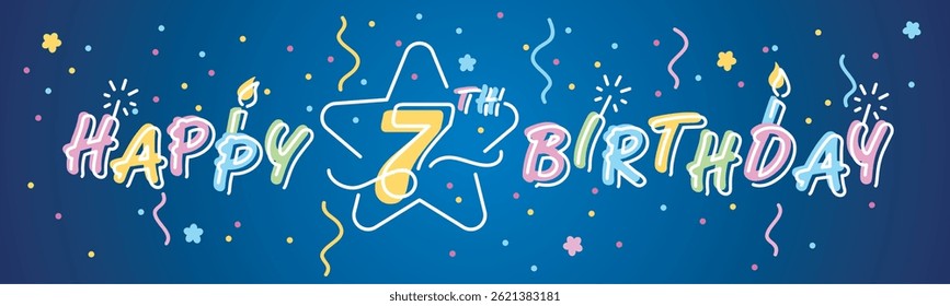 Happy 7th Birthday handwritten multi color bold typography lettering with white neon outline. Colorful greeting card vector illustration with confetti, ribbons, sparkle firework, candle on blue