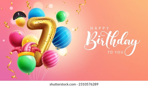 Happy 7th birthday vector design. Birthday greeting text in empty space with colorful balloon bunch elements.  Vector illustration invitation card for 7th bday background. 