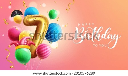 Happy 7th birthday vector design. Birthday greeting text in empty space with colorful balloon bunch elements.  Vector illustration invitation card for 7th bday background. 