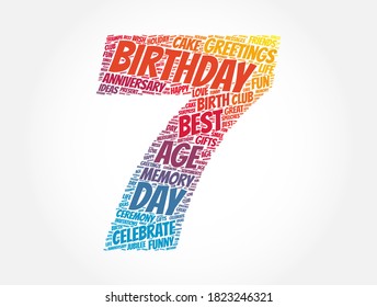 Happy 7th birthday word cloud, holiday concept background
