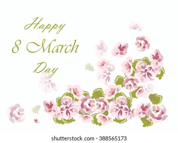 Happy 8 march card with spring delicate pink flowers. Vector