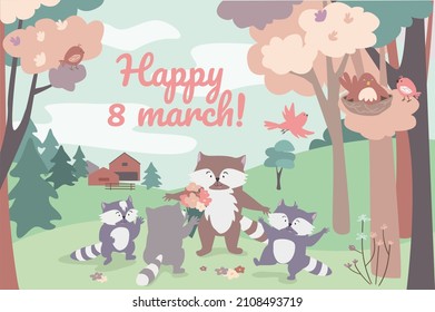 Happy 8 March concept background. Greeting holiday card with animals. Cute family of raccoons, kids give flowers to mother and congratulate in spring forest. Vector illustration in flat cartoon design