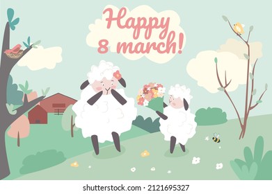 Feliz 8 de marzo de contexto conceptual. Saludo la tarjeta de vacaciones con animales. Familia de mapaches, niños dan flores a la madre y felicitan en el bosque primaveral. Ilustración vectorial en diseño de dibujos animados planos