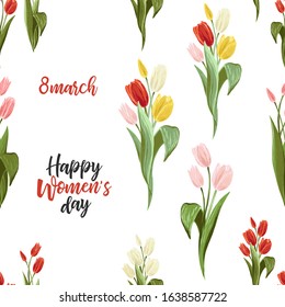 Happy 8 March floral pattern. Women day seamless background design with tulip flowers. Print for spring greeting cards. Abstract tracery with flower and text elements. Digital illustration.