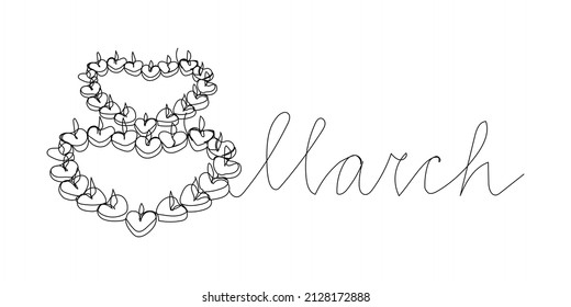 Happy 8 march greeting card with heart shaped candles continuous line drawing. One line art of hand written lettering, international womans day, calligraphy.