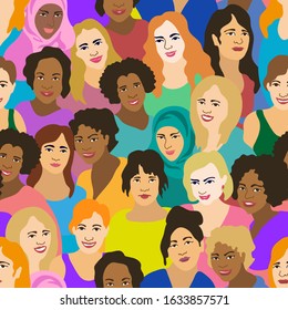 Happy 8 March. International Women Day card. Seamless pattern with girls of different ages and nationaloties. Sisterhood concept. Template for posters, banners and other designs.