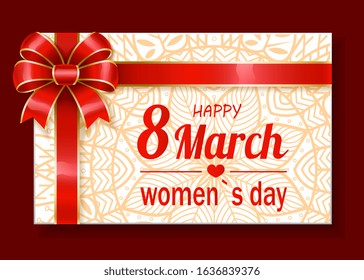 Happy 8 march, international women day greeting or gift card with repeated decorative. Greet ladies with spring holiday. Festive gift postcard isolated on light background. Vector illustration in flat