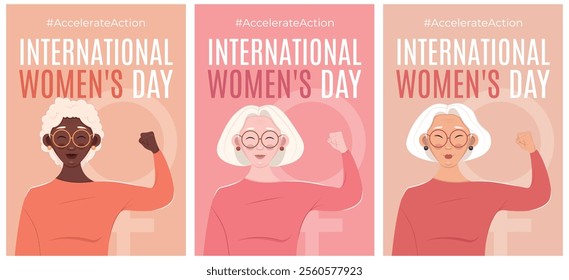 Happy 8 March International Women's Day posters with senior women. Accelerate Action 2025 campaign. Vector illustration in flat style.