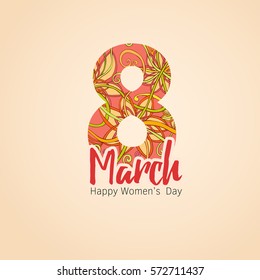 Happy 8 March International Women's Day lettering greeting card template with doodle eight. Modern elegant text hand drawn love concept poster, banner, letter. Holiday fancy design elements