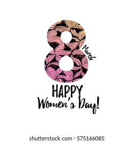 Happy 8 March International Women's Day lettering greeting card template with doodle eight. Modern elegant text hand drawn love concept poster, banner, letter. Holiday fancy design elements