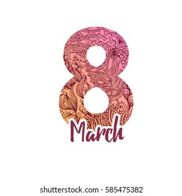 Happy 8 March International Women's Day lettering greeting card template with doodle eight. Modern elegant text hand drawn love concept poster, banner, letter. Holiday fancy design elements