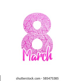 Happy 8 March International Women's Day lettering greeting card template with doodle eight. Modern elegant text hand drawn love concept poster, banner, letter. Holiday fancy design elements