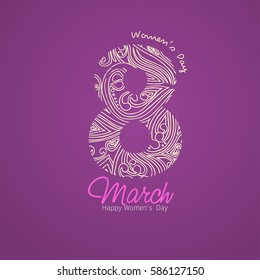 Happy 8 March International Women's Day lettering greeting card template with doodle eight. Modern elegant text hand drawn love concept poster, banner, letter. Holiday fancy design elements