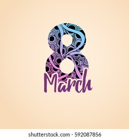 Happy 8 March International Women's Day lettering greeting card template with doodle eight. Modern elegant text hand drawn love concept poster, banner, letter. Holiday fancy design elements