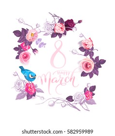 Happy 8 March. Pink hand lettering inside wreath of semi-colored flowers and blue bird sitting on rose on white background. Women's day party invitation. Vector illustration for postcard, banner