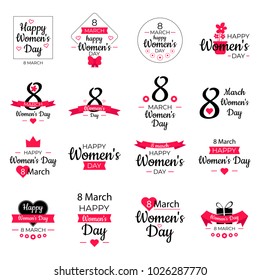 Happy 8 March Women Day posters set, logotypes and stickers, text design. Usable for banners, invitations, greeting cards, gifts. Vector illustration eps 10