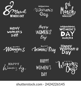 Feliz 8 de marzo Conjunto de carteles del Día de la Mujer, logotipos y pegatinas, diseño de texto. Utilizable para banners, invitaciones, tarjetas de felicitación, regalos. Ilustración vectorial eps 10