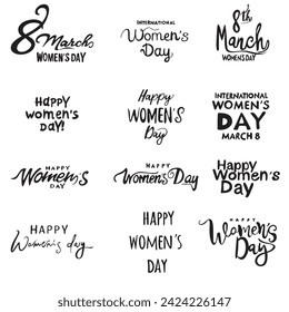 Feliz 8 de marzo Conjunto de carteles del Día de la Mujer, logotipos y pegatinas, diseño de texto. Utilizable para banners, invitaciones, tarjetas de felicitación, regalos. Ilustración vectorial eps 10