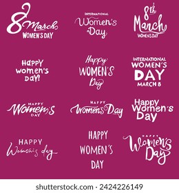 Feliz 8 de marzo Conjunto de carteles del Día de la Mujer, logotipos y pegatinas, diseño de texto. Utilizable para banners, invitaciones, tarjetas de felicitación, regalos. Ilustración vectorial eps 10