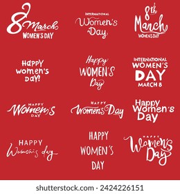 Feliz 8 de marzo Conjunto de carteles del Día de la Mujer, logotipos y pegatinas, diseño de texto. Utilizable para banners, invitaciones, tarjetas de felicitación, regalos. Ilustración vectorial eps 10