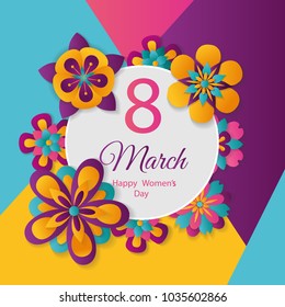 Happy 8 march women's day layout design with paper cut flowers. Vector illustration. Design for flyer, card, invitation.Eps10