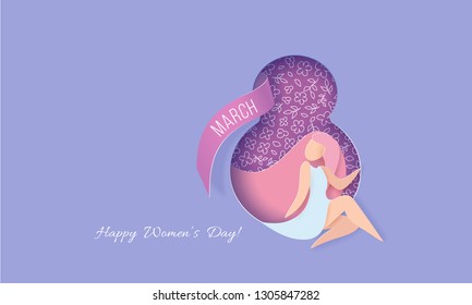 Happy 8 March womens day card with woman inside shaped as big eight hole on blue background. Vector paper art illustration. Paper cut and craft style.