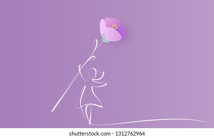 Happy 8 March Womens Day Card. Woman With Big Spring Flower. Vector Paper Art Illustration. Continuous One Line Style.