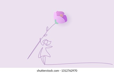 Happy 8 March womens day card. Woman with big spring flower. Vector paper art illustration. Continuous one line style.