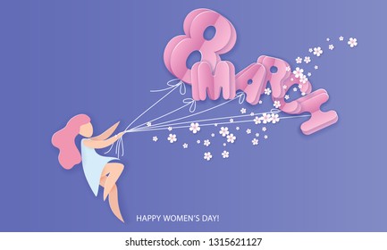 Happy 8 March womens day card. Woman with flowers and air balloons shaped as big eight and letters MARCH on blue background. Vector paper cut illustration