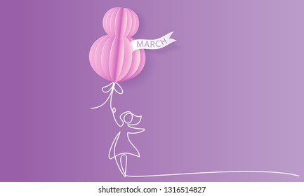 Happy 8 March womens day card. Woman with air balloon shaped as big eight. Vector paper art illustration. Continuous one line style.