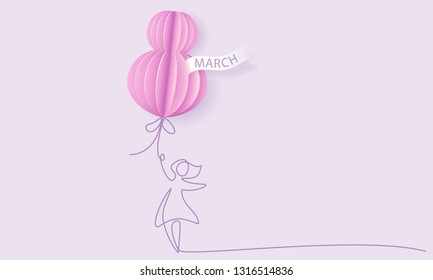 Happy 8 March womens day card. Woman with air balloon shaped as big eight. Vector paper art illustration. Continuous one line style.