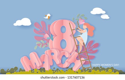 Happy 8 March womens day card. Woman on stairs decorates with flowers large letters 8 March on blue sky background. Vector paper cut illustration