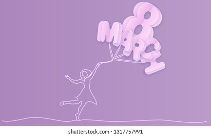 Happy 8 March womens day card. Woman with air balloon shaped as big eight amd letters march. Vector paper art illustration. Continuous one line style.