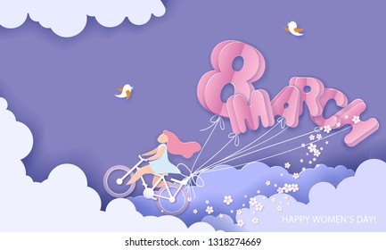 Happy 8 March womens day card. Woman riding bicycle with flowers and air balloons shaped as big letters on blue sky background. Vector paper illustration